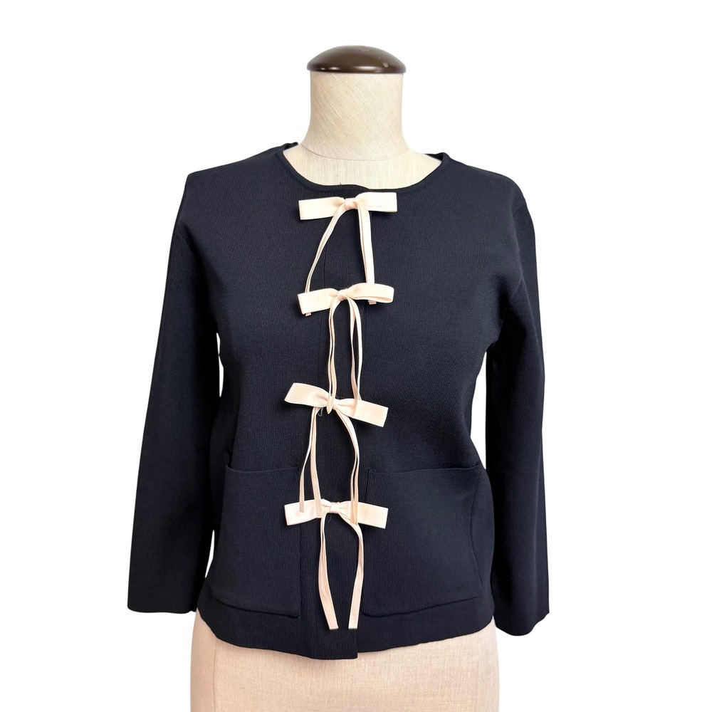 NWOT Zara Womens Black Knit Cardigan Snap Front Cream Bows Size Small